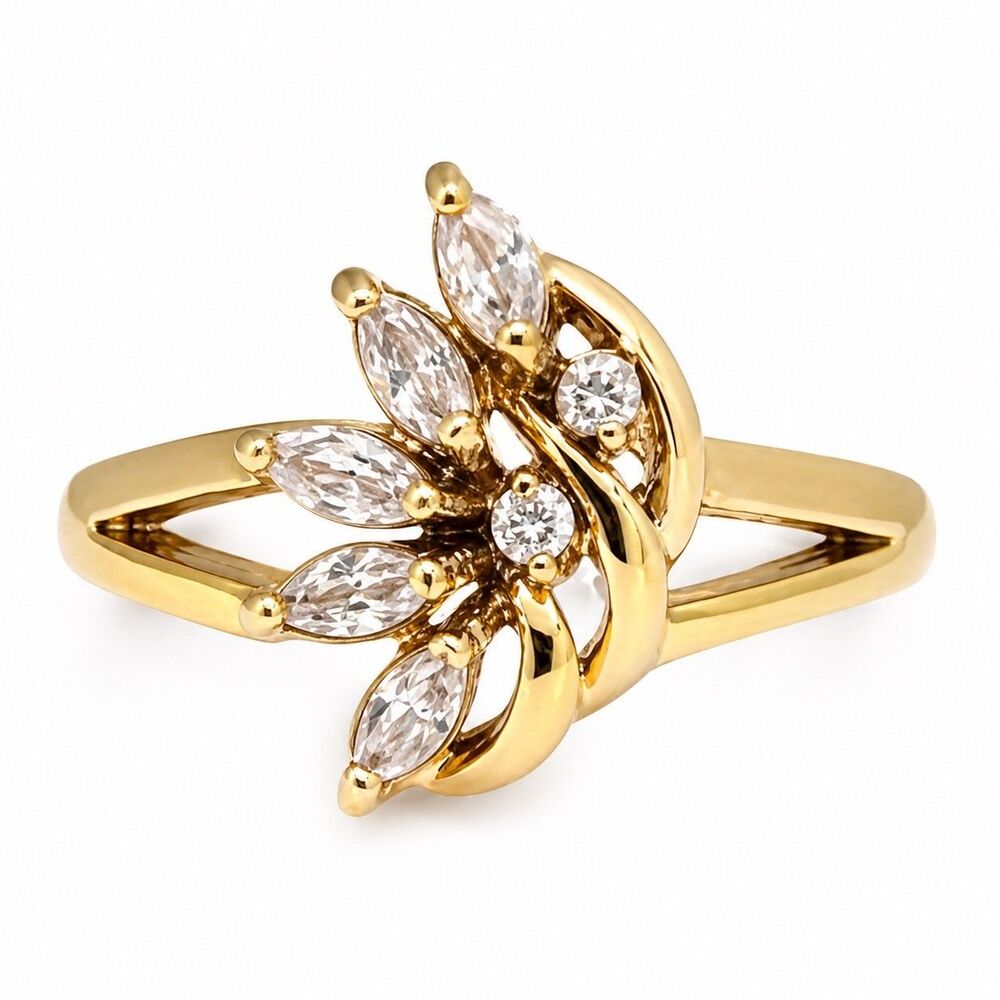 Vintage 1970s Ring Size 6 CZ Cluster Marquise Prong Set Gold Plated - 14I